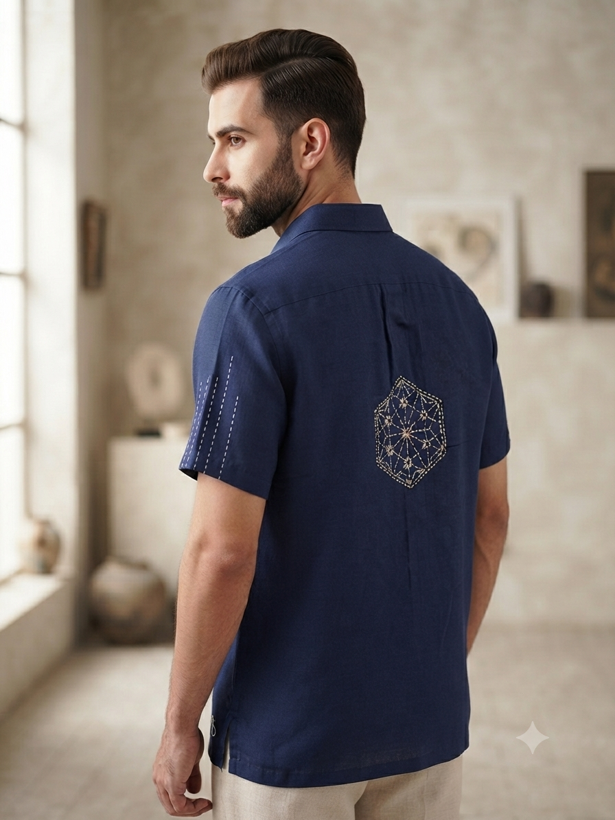 Embroidered Indigo Short-Sleeve Shirt