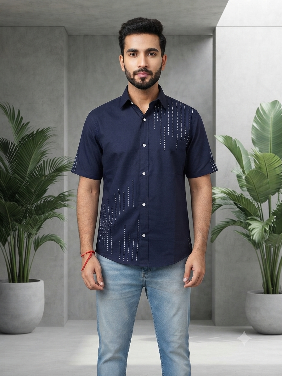 Embroidered Indigo Short-Sleeve Shirt