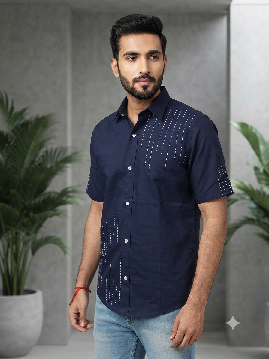Embroidered Indigo Short-Sleeve Shirt
