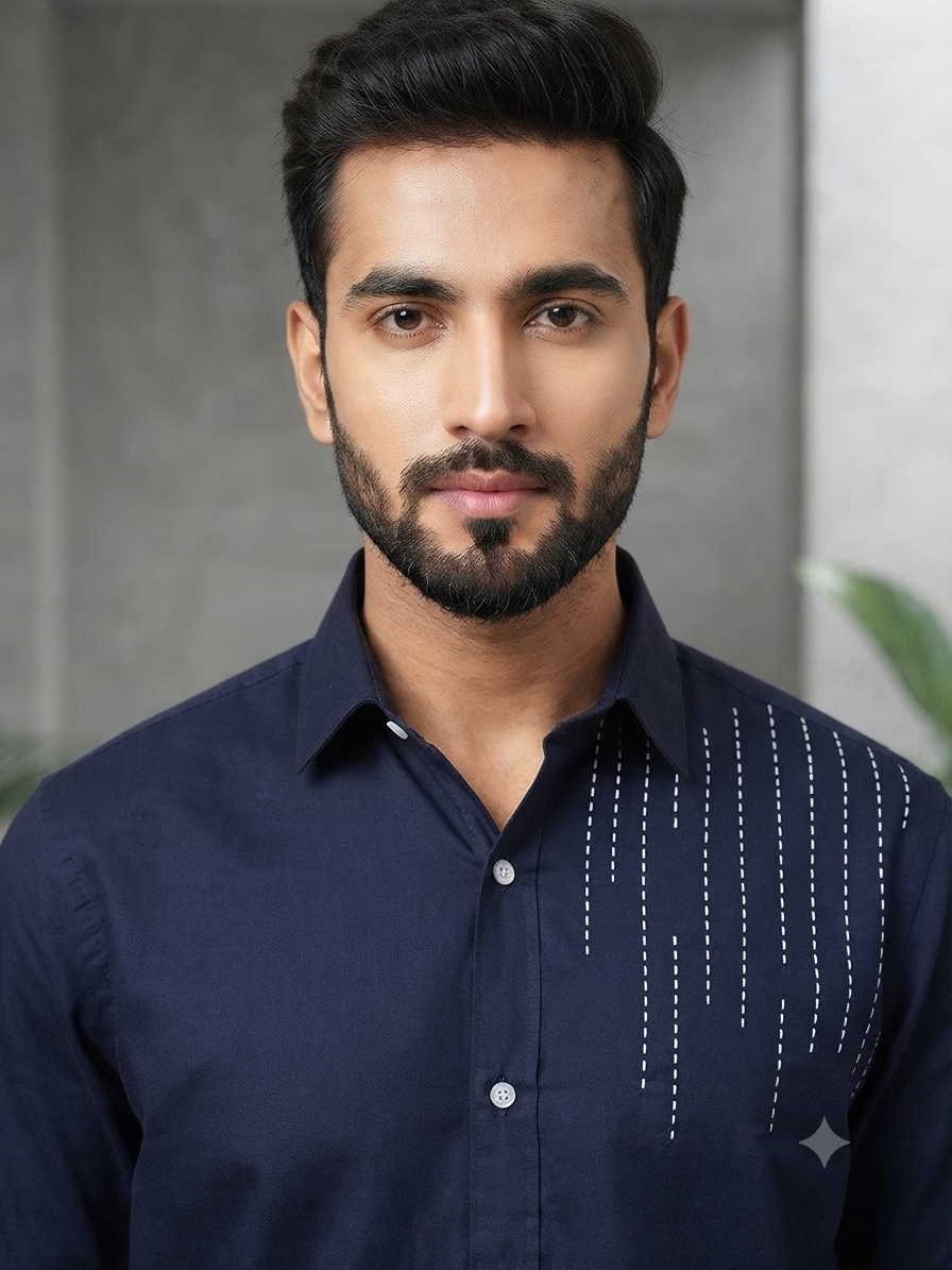 Embroidered Indigo Short-Sleeve Shirt