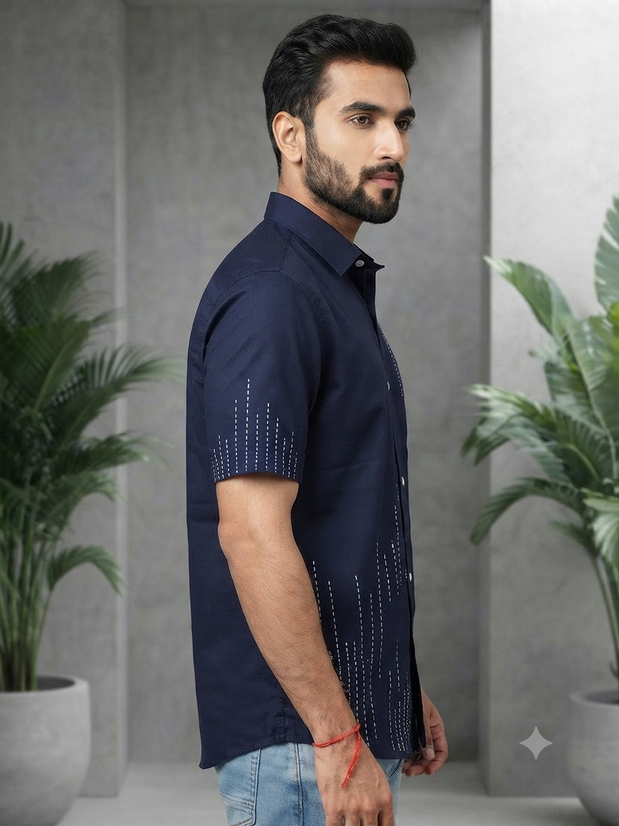 Embroidered Indigo Short-Sleeve Shirt