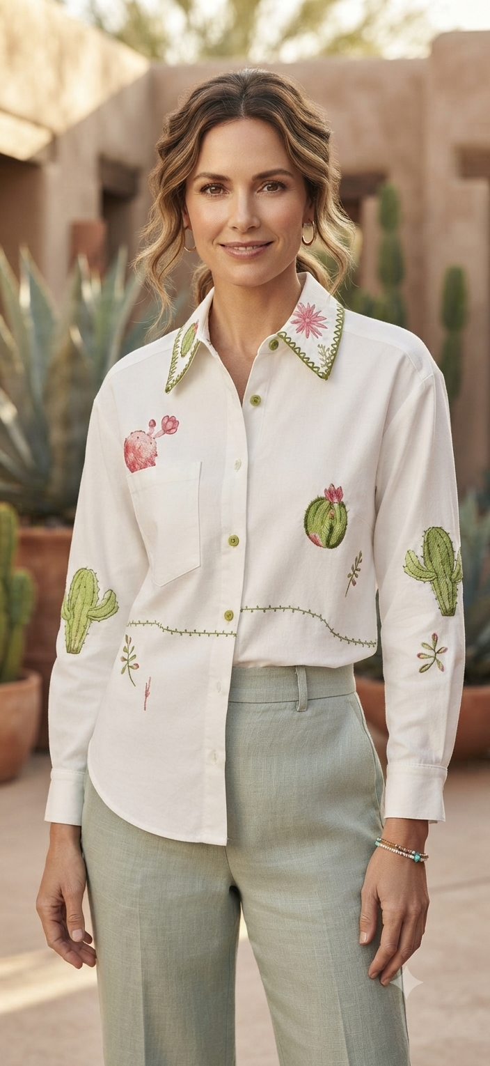 Off-White Cactus Embroidered Cotton Shirt