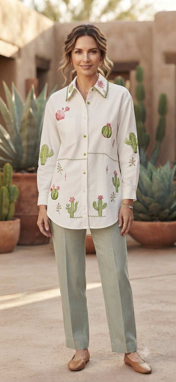 Off-White Cactus Embroidered Cotton Shirt