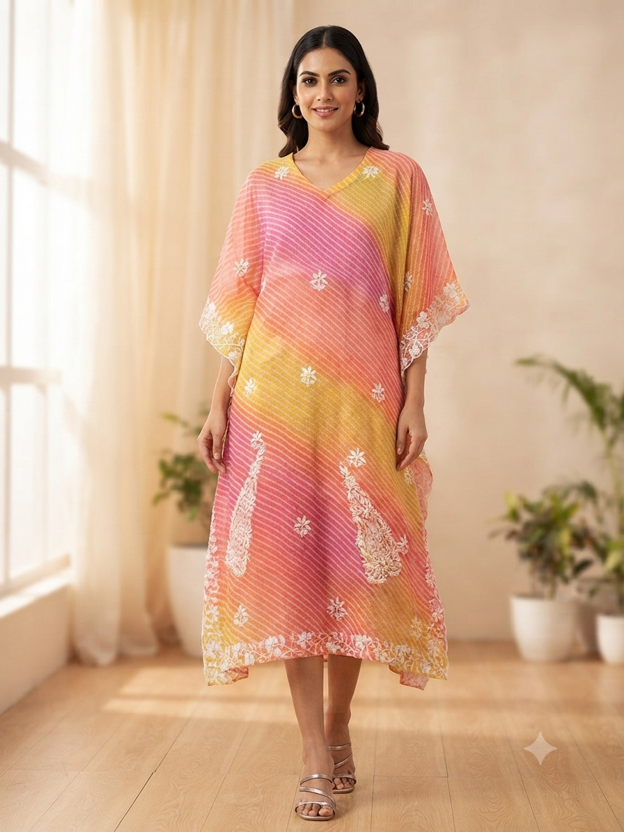 Yellow & Pink Lehriya Chikankari Embroidery Kaftan Midi Dress