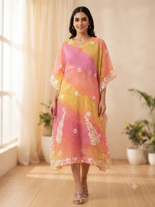 Yellow & Pink Lehriya Chikankari Embroidery Kaftan Midi Dress
