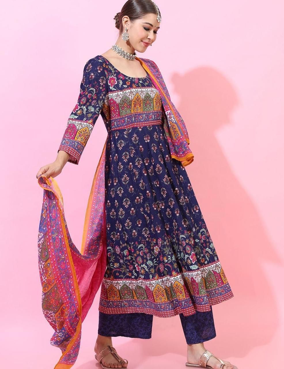 Navy Blue Floral Anarkali Kurta Pant Dupatta Set