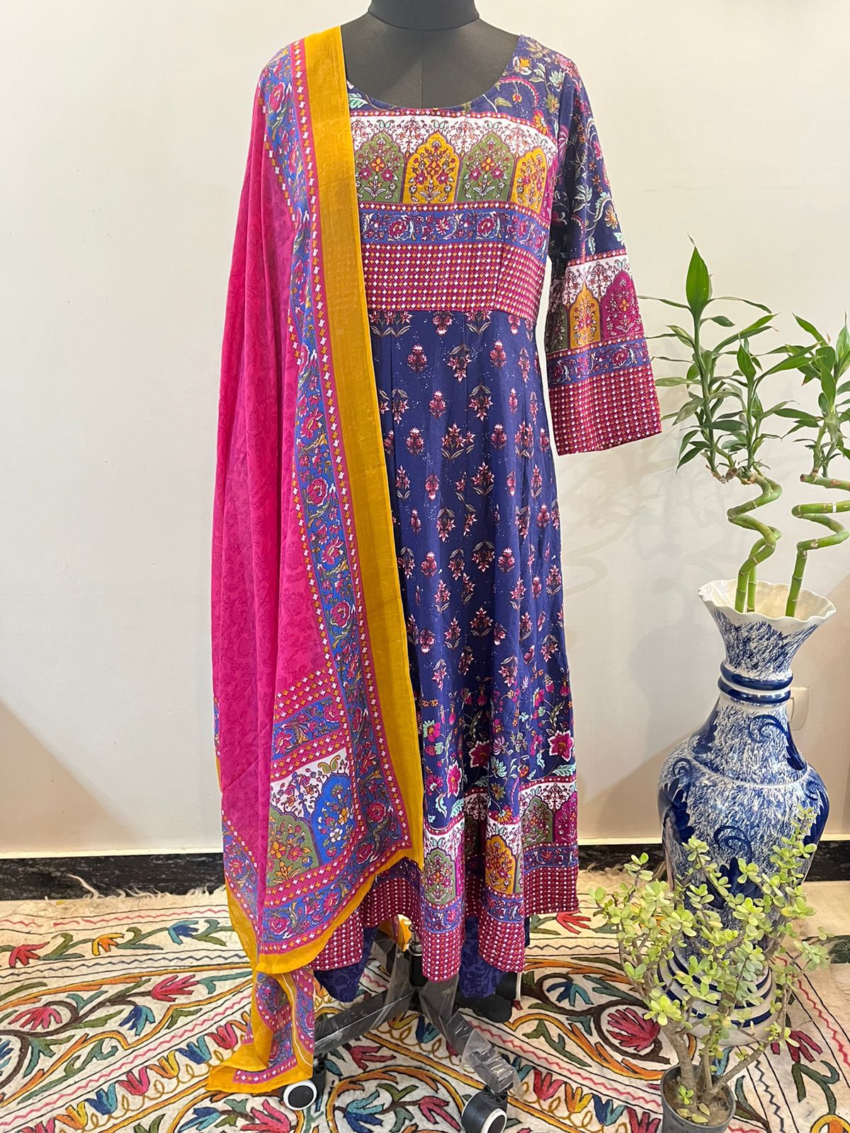 Navy Blue Floral Anarkali Kurta Pant Dupatta Set