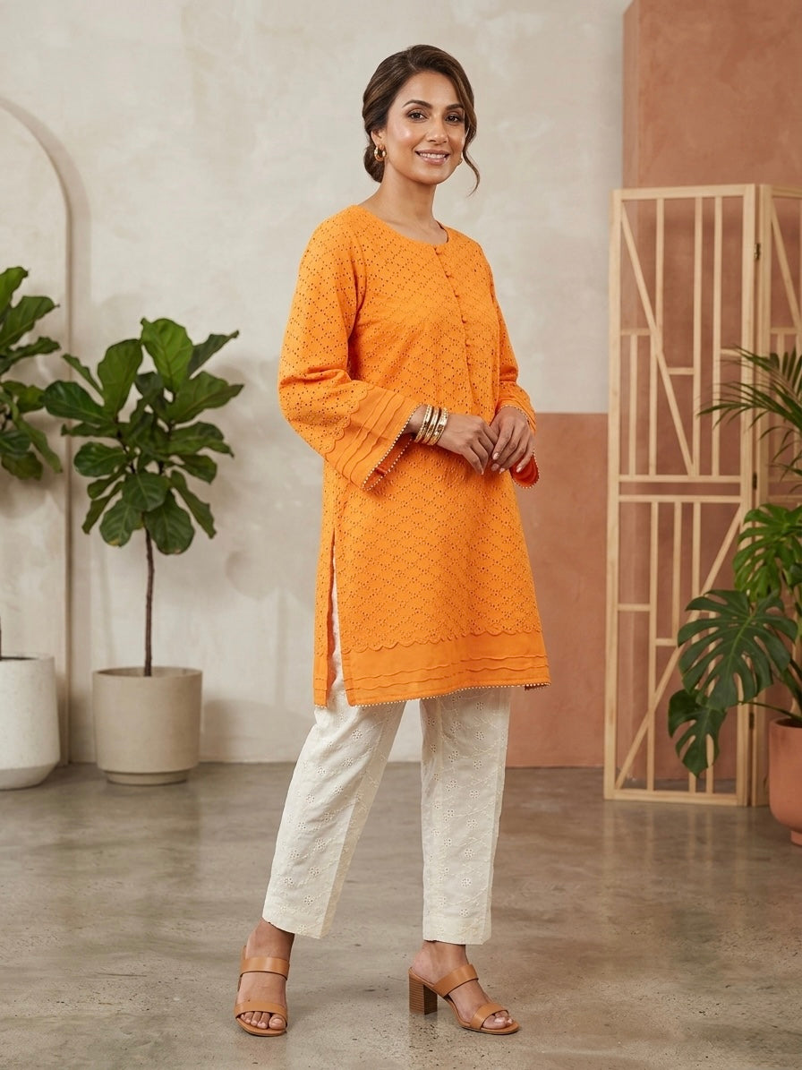 Orange Embroidered Cotton Kurta with Pants