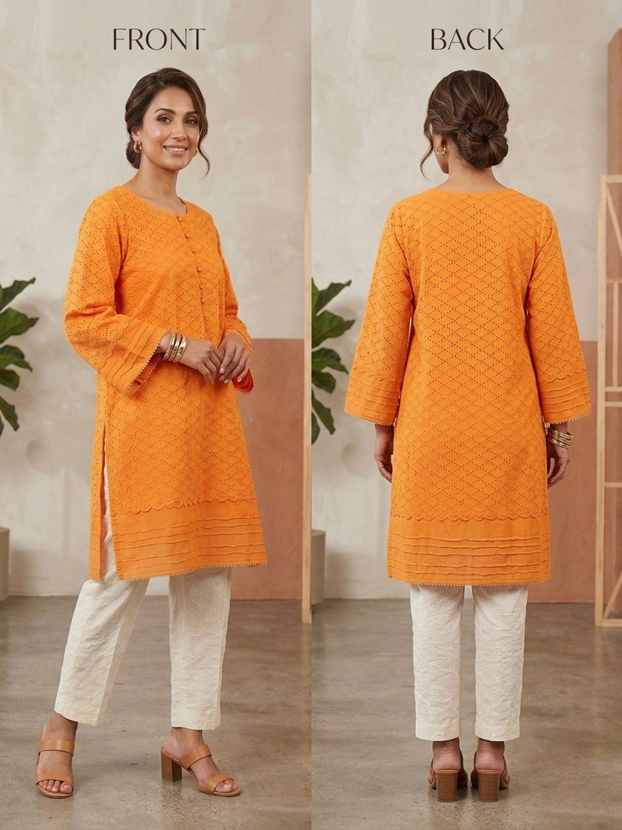 Orange Embroidered Cotton Kurta with Pants