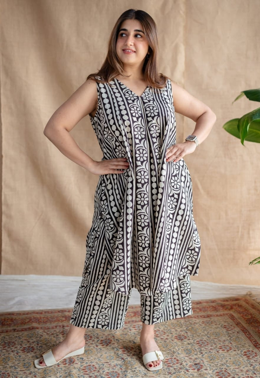 Black White Printed Cotton Kurta Palazzo Set