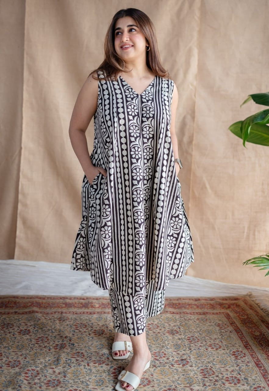 Black White Printed Cotton Kurta Palazzo Set