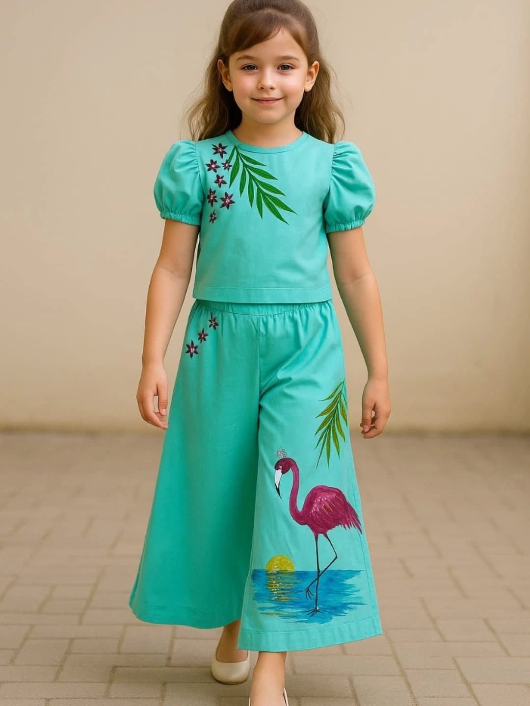 Turquoise Flamingo Hand-Painted Co-ord Set for Girls