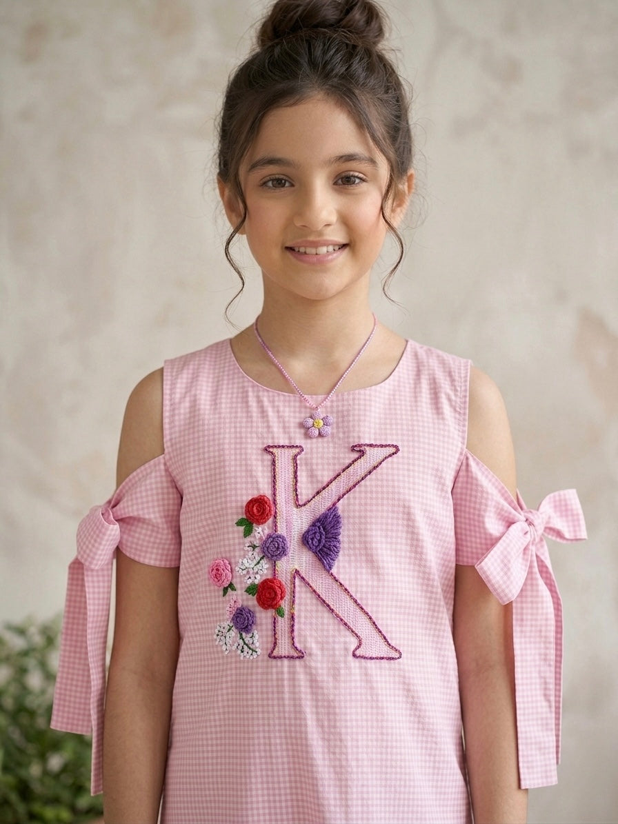 Pink Initials Embroidered Cold Shoulder Dress for Girls