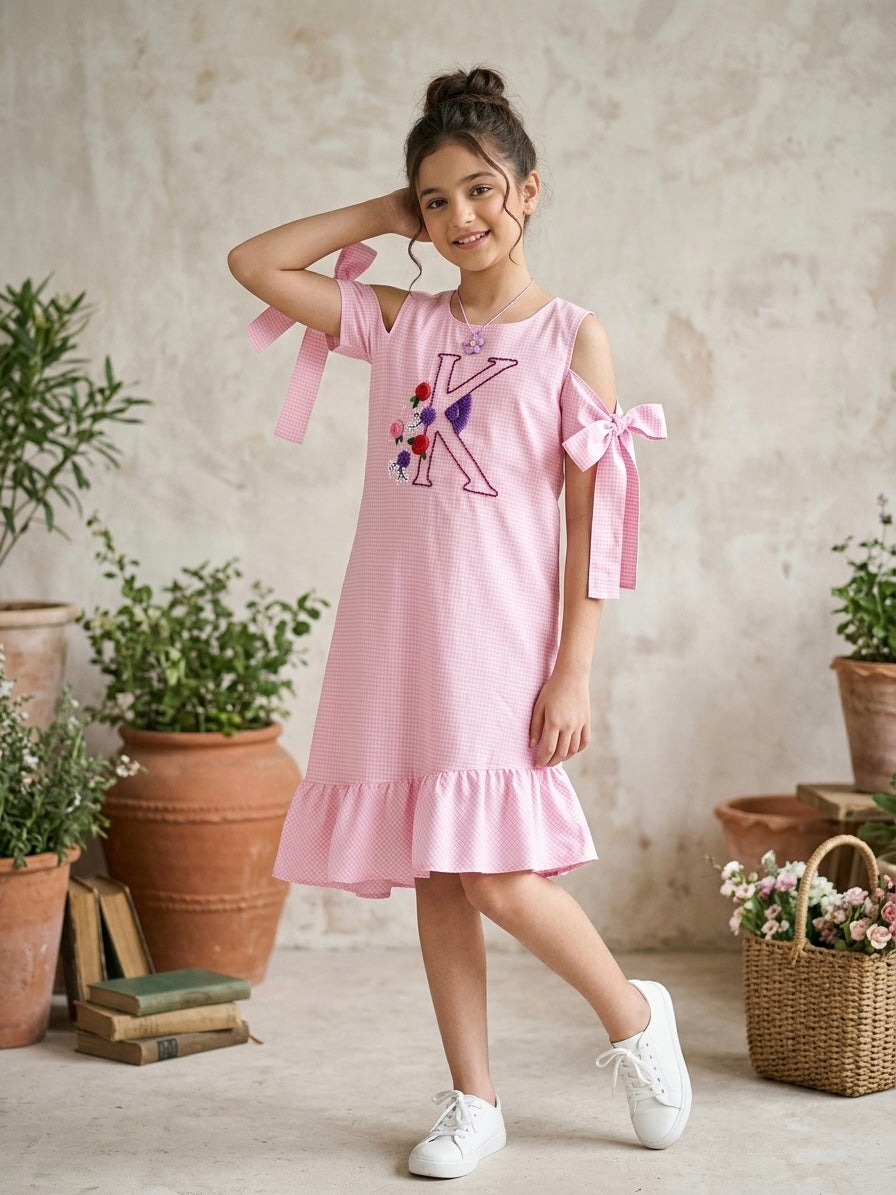 Pink Initials Embroidered Cold Shoulder Dress for Girls