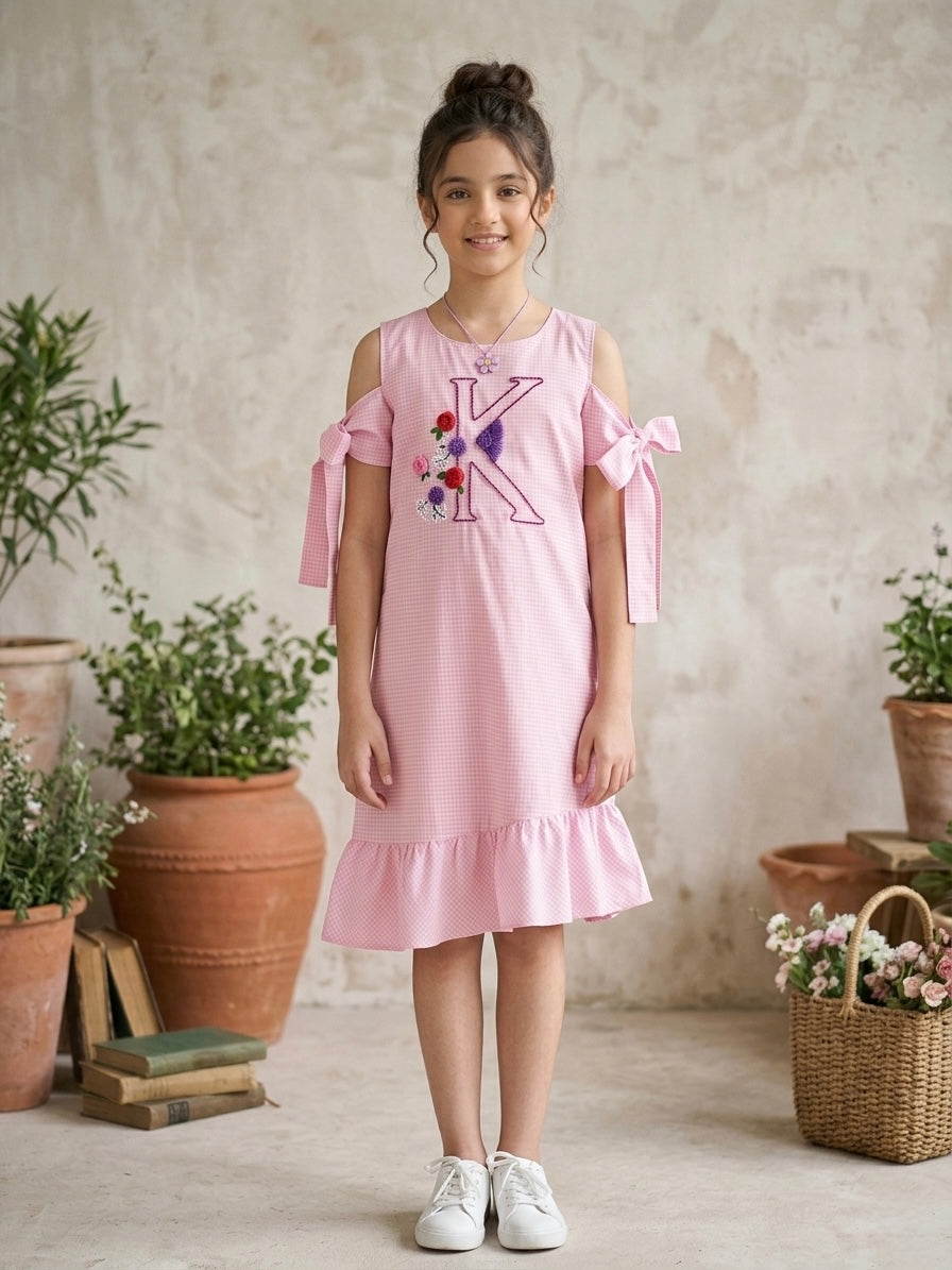 Pink Initials Embroidered Cold Shoulder Dress for Girls