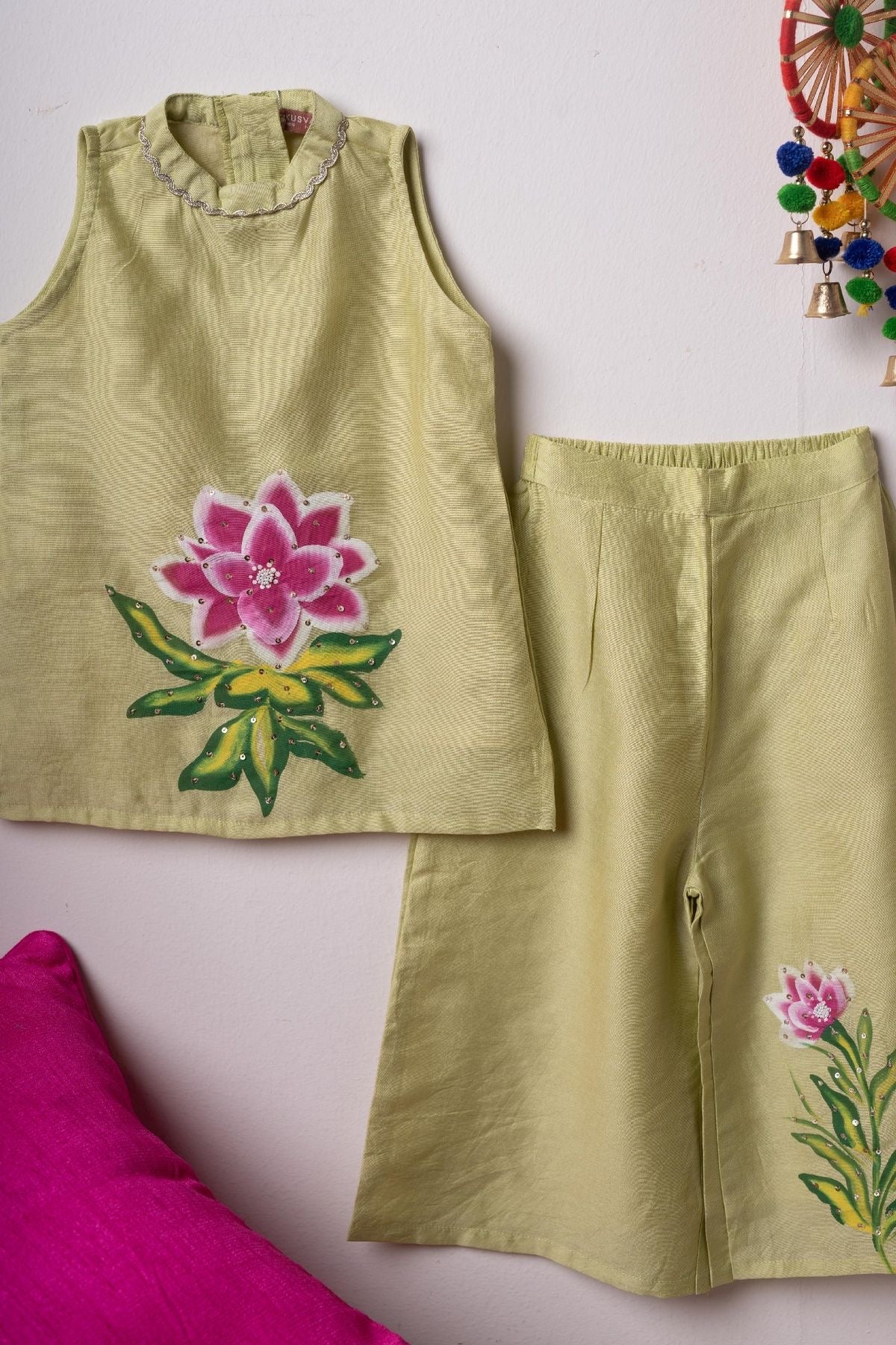 Mint Green Floral Hand-Painted Embellished Co-ord Set for Girls
