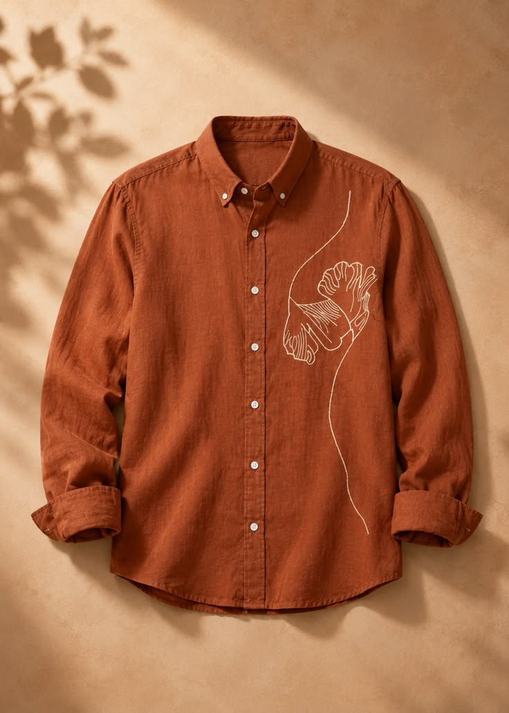 Rust Floral Line-Embroidered Cotton Linen Shirt