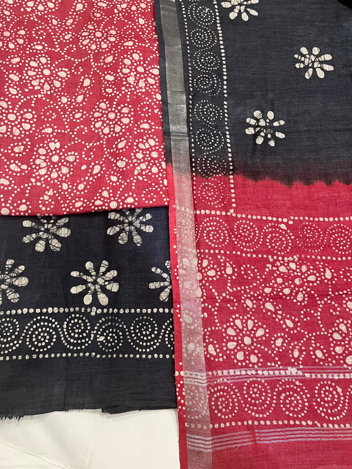 Red Black Bandhani Print Semi-Stitched Suit with Dupatta