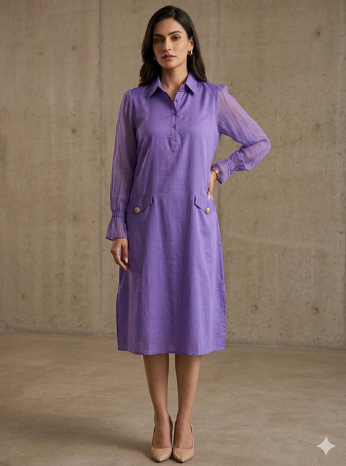 Purple Solid Shirt Midi Dress