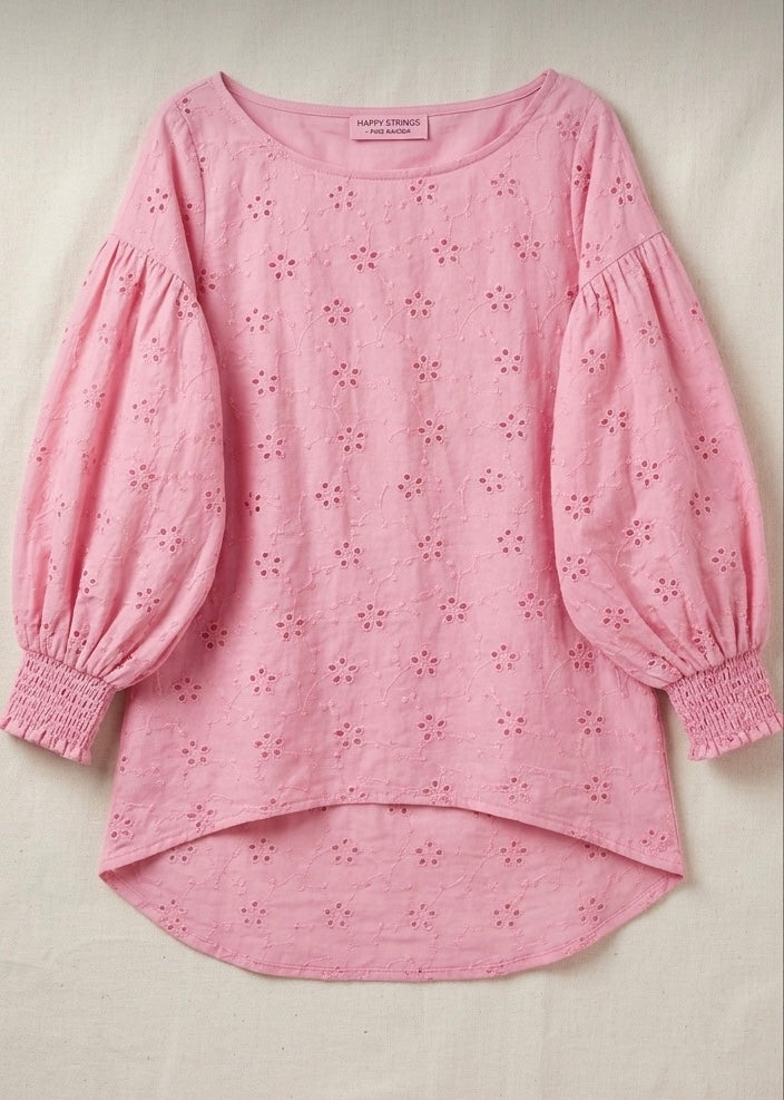 Pink Eyelet Embroidered Balloon Sleeve Tunic for Women