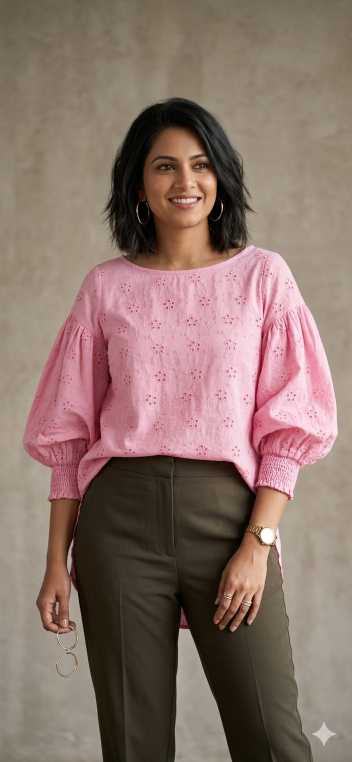 Pink Eyelet Embroidered Balloon Sleeve Tunic for Women