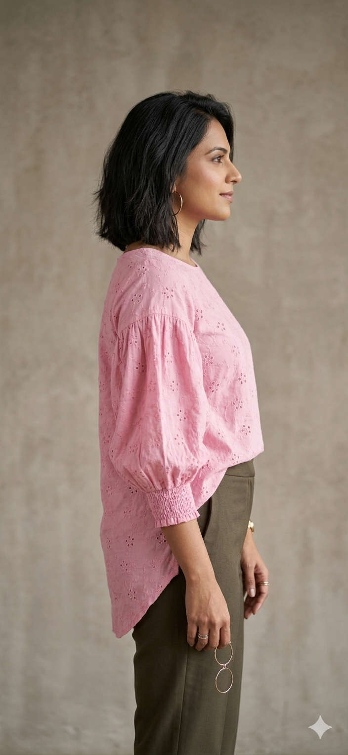 Pink Eyelet Embroidered Balloon Sleeve Tunic for Women