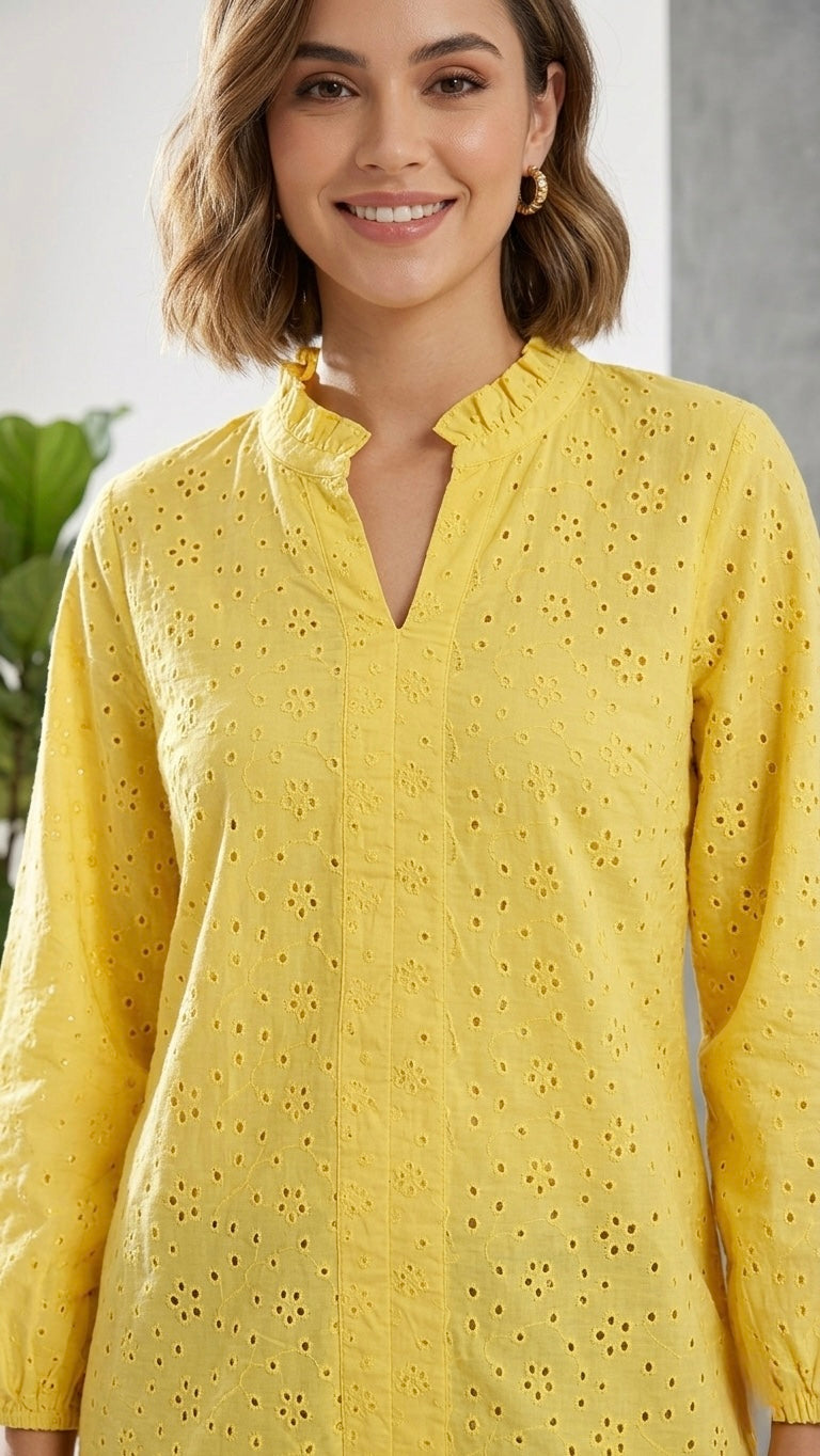 Yellow Eyelet Cotton Balloon Sleeve Tunic