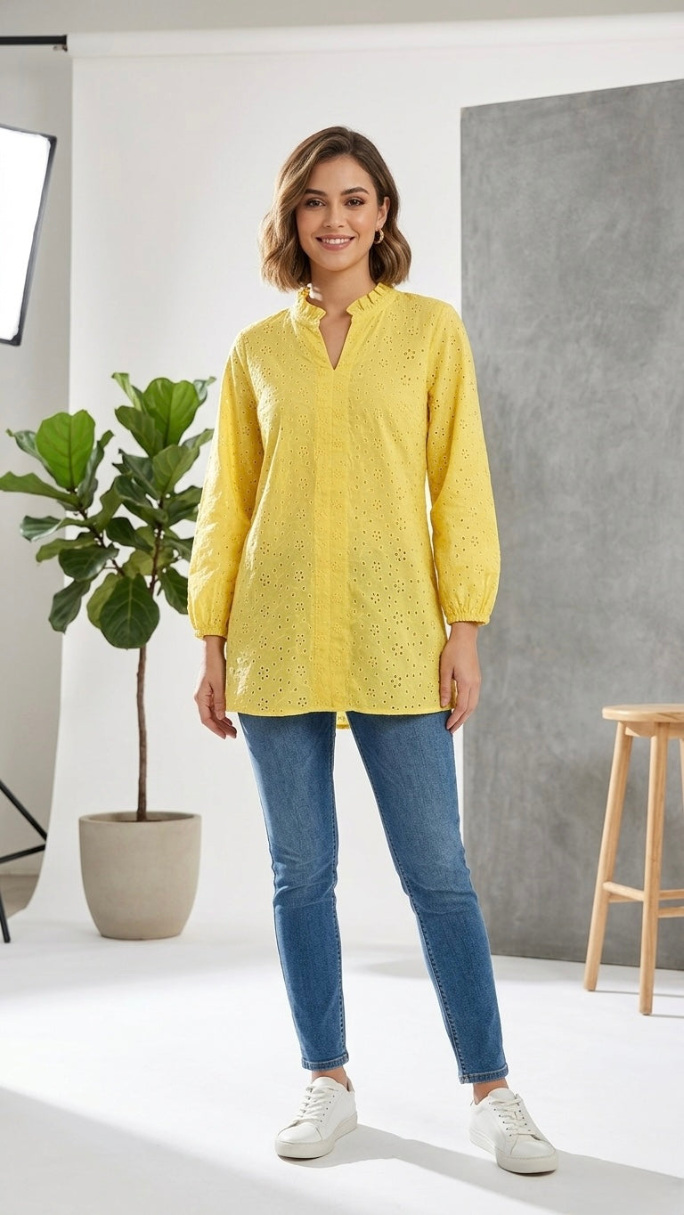 Yellow Eyelet Cotton Balloon Sleeve Tunic
