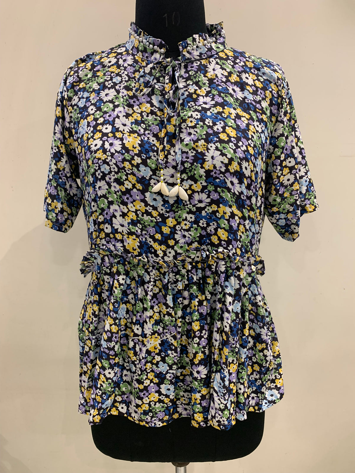 Navy Blue Floral Printed Peplum Top