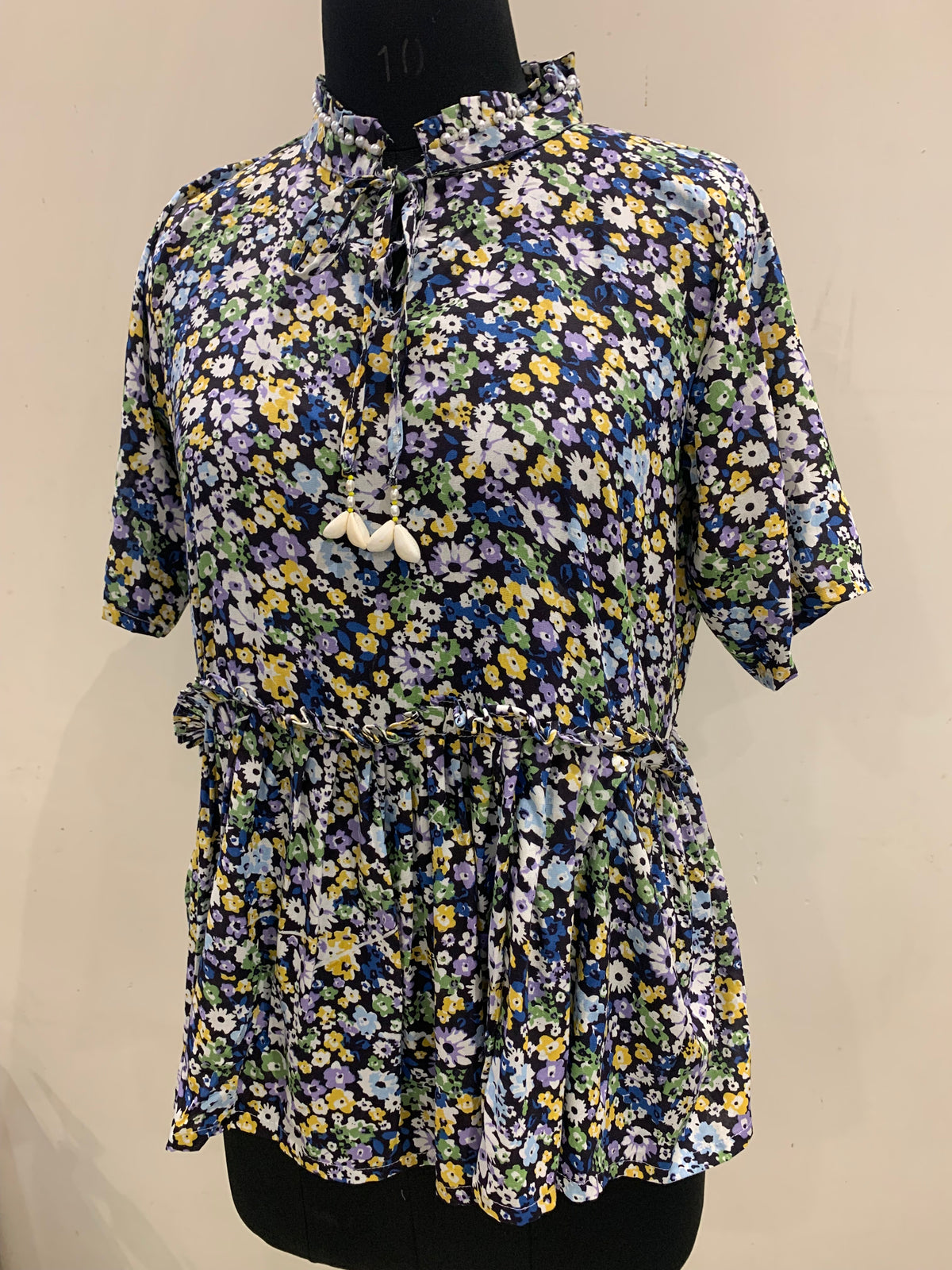 Navy Blue Floral Printed Peplum Top