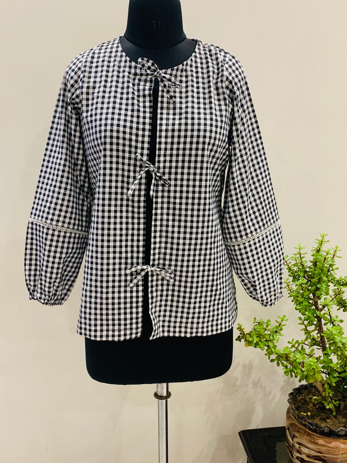 Black White Gingham Cotton Tie-Up Top