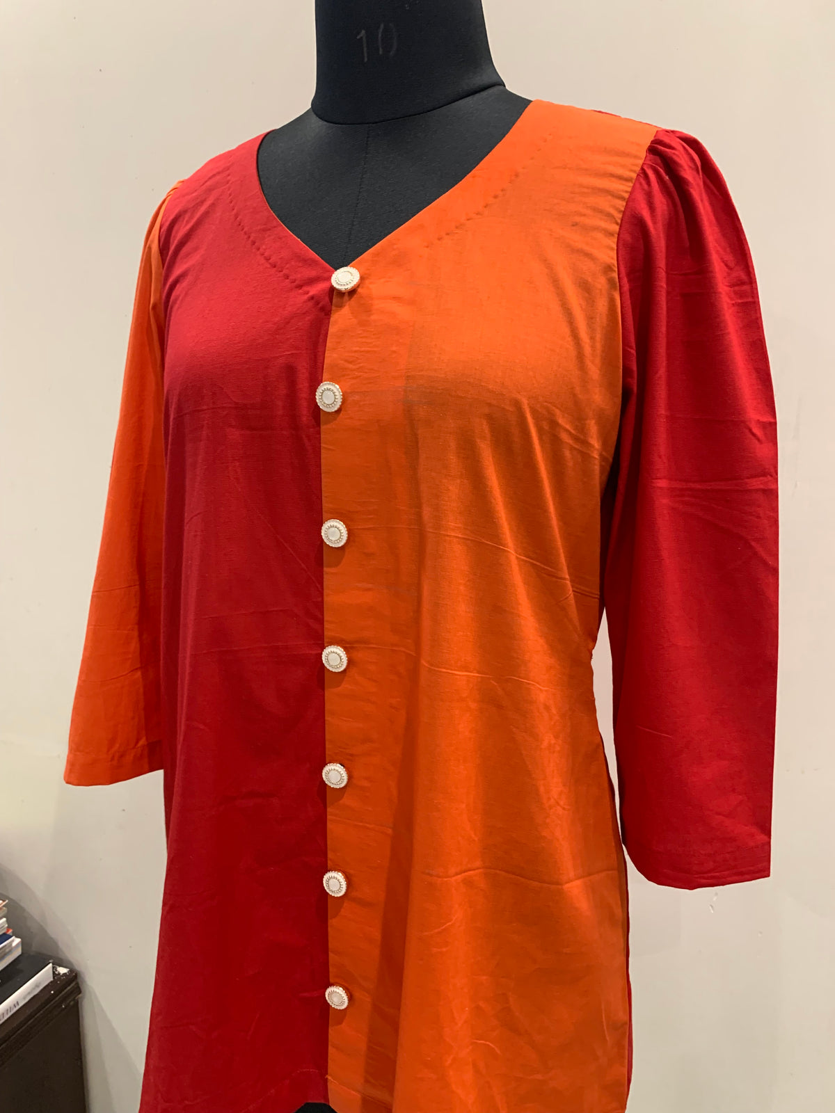 Red Orange Colour Block Button-Down Tunic for Women