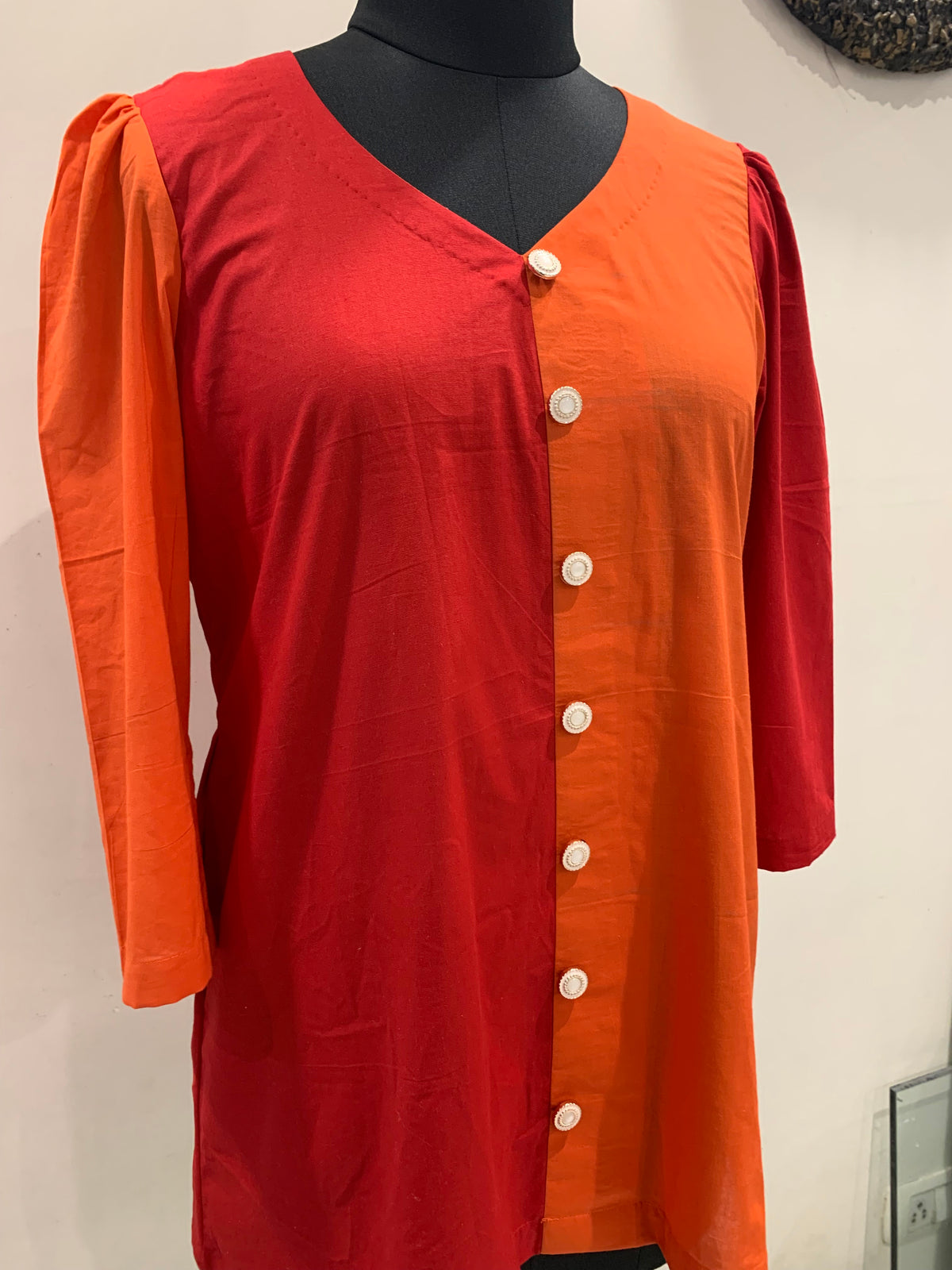 Red Orange Colour Block Button-Down Tunic for Women