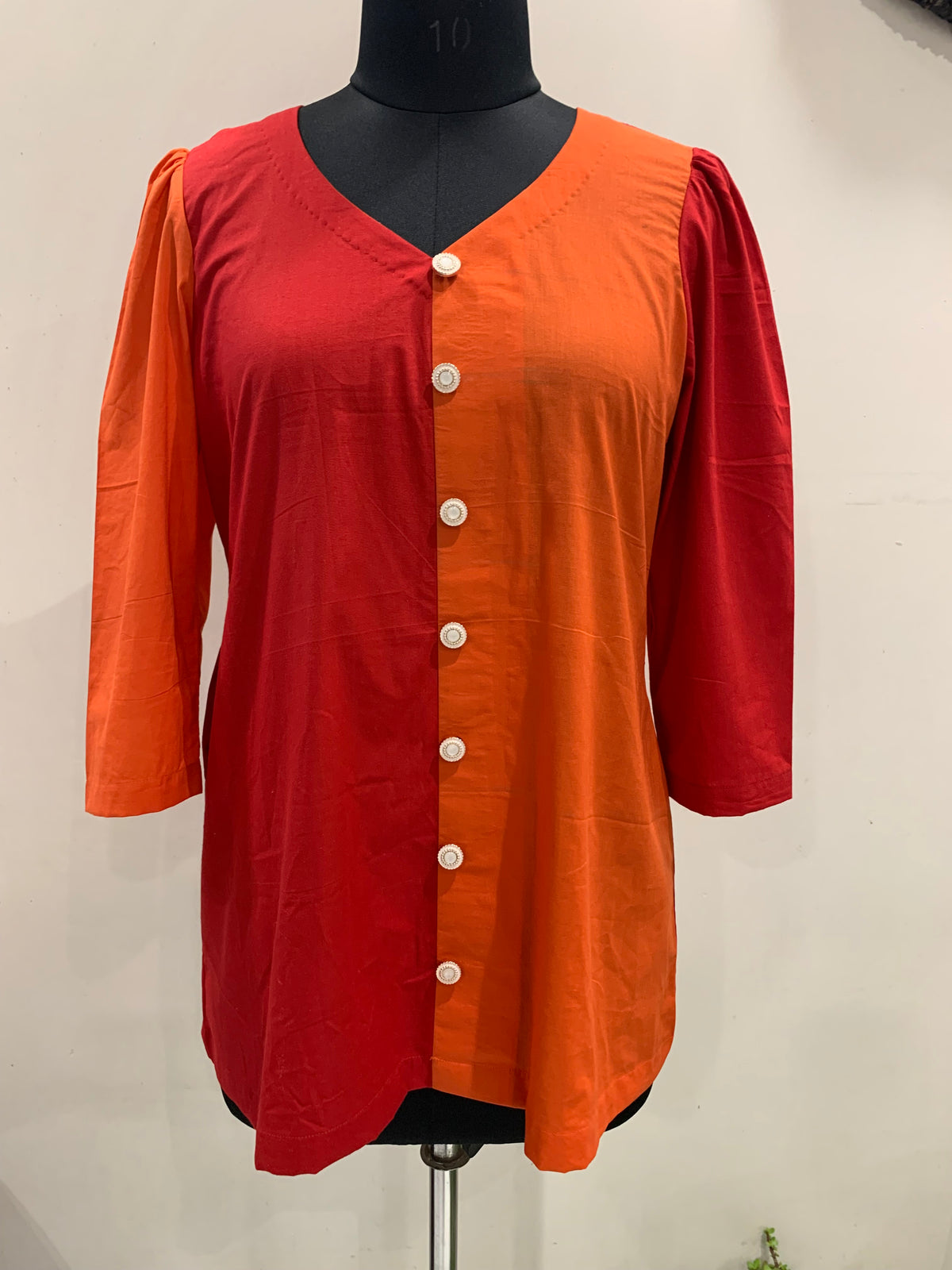 Red Orange Colour Block Button-Down Tunic for Women