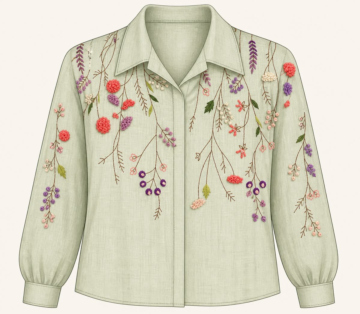 Sage Green Floral Embroidered Cotton Shirt Top