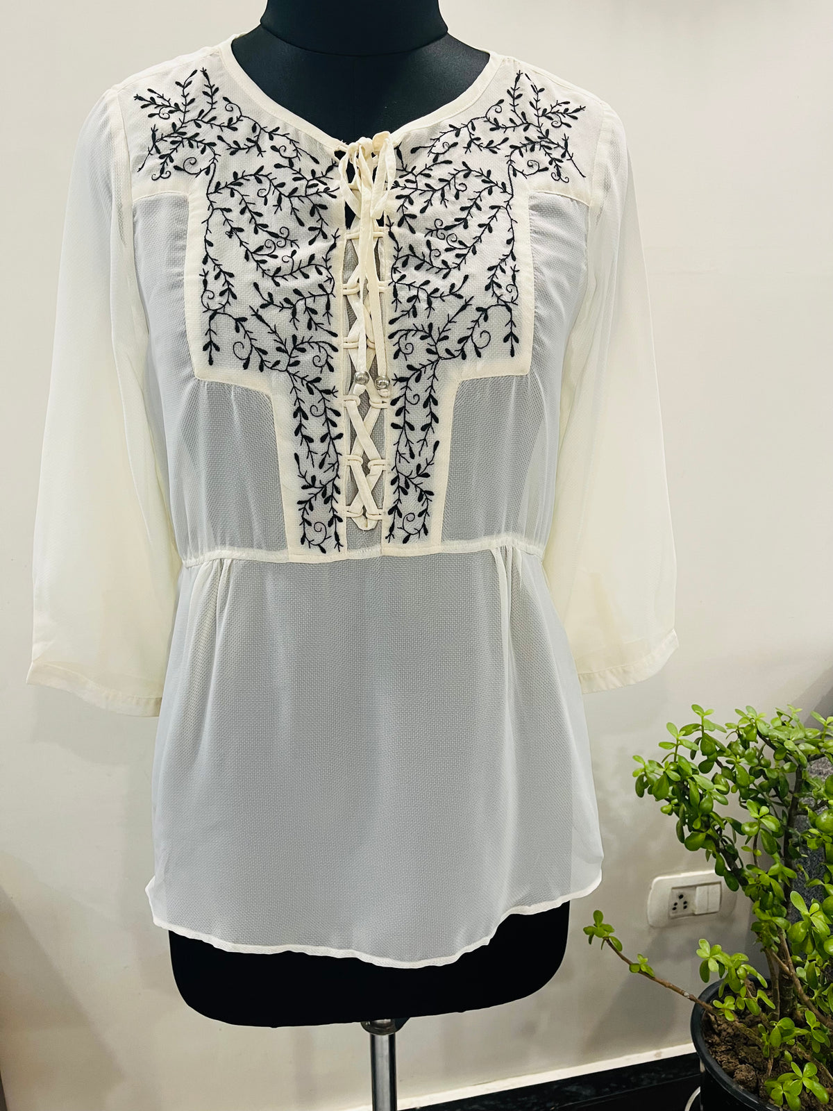 White Black Embroidered Lace-Up Tunic for Women