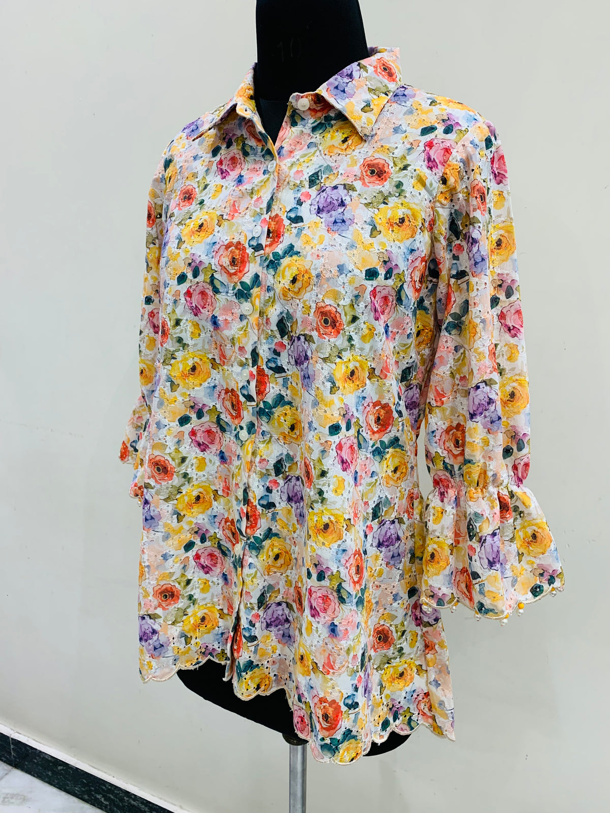White Multicolour Floral Printed Eyelet Embroidered Ruffle Shirt Top