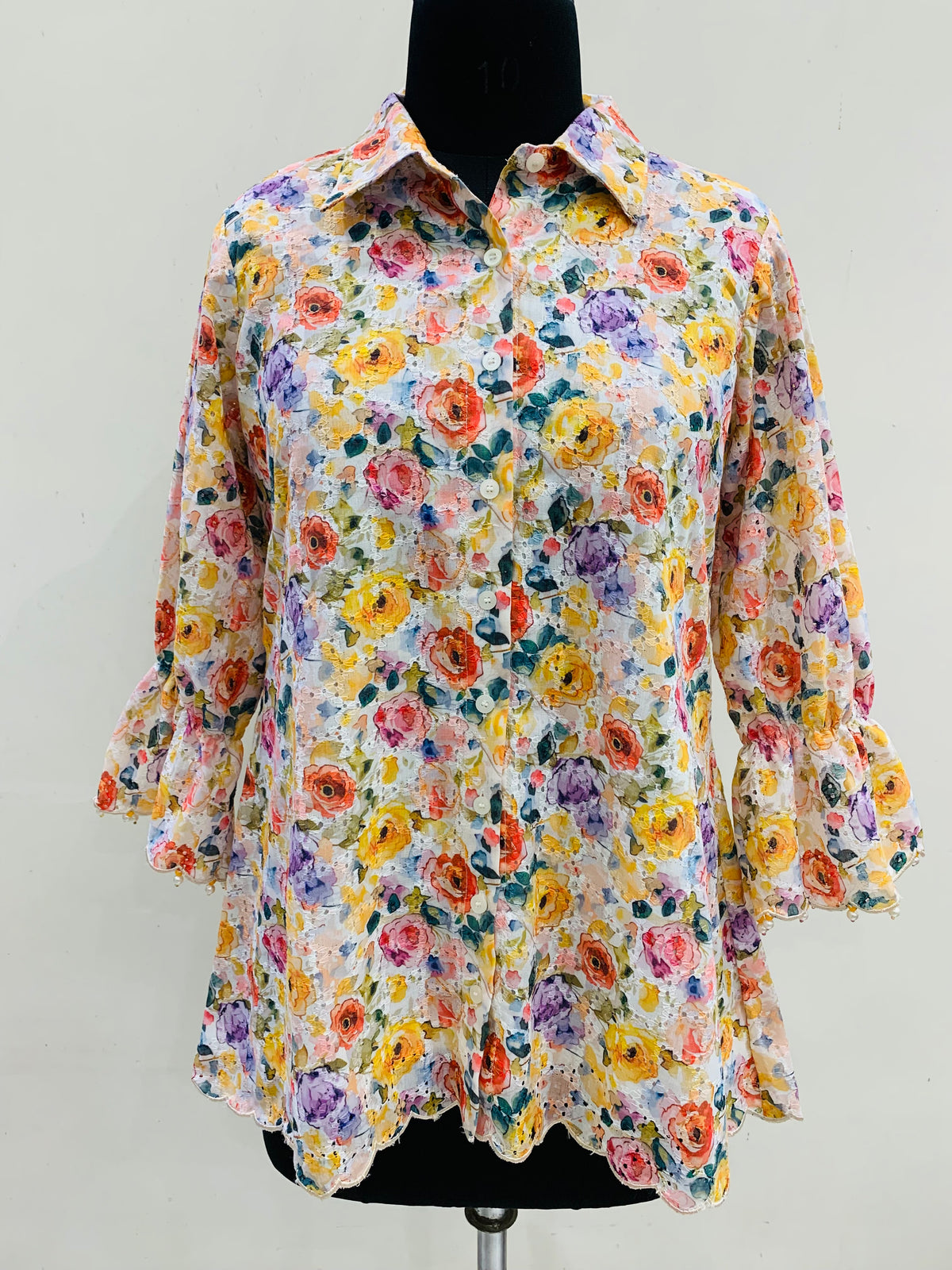 White Multicolour Floral Printed Eyelet Embroidered Ruffle Shirt Top