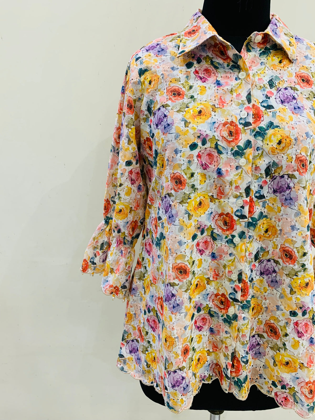 White Multicolour Floral Printed Eyelet Embroidered Ruffle Shirt Top