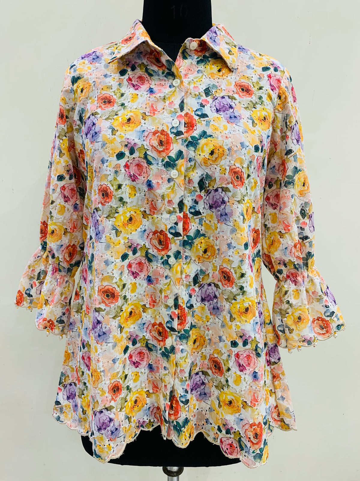 White Multicolour Floral Printed Eyelet Embroidered Ruffle Shirt Top