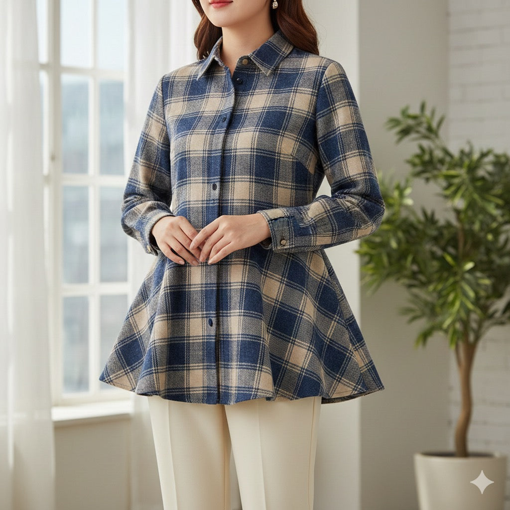 Navy Beige Checked Cotton Peplum Shirt Top