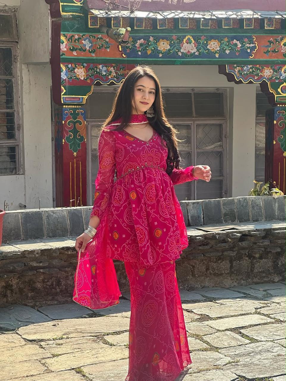 Chiffon Bandhej Print Sharara Set with Mirror Handwork