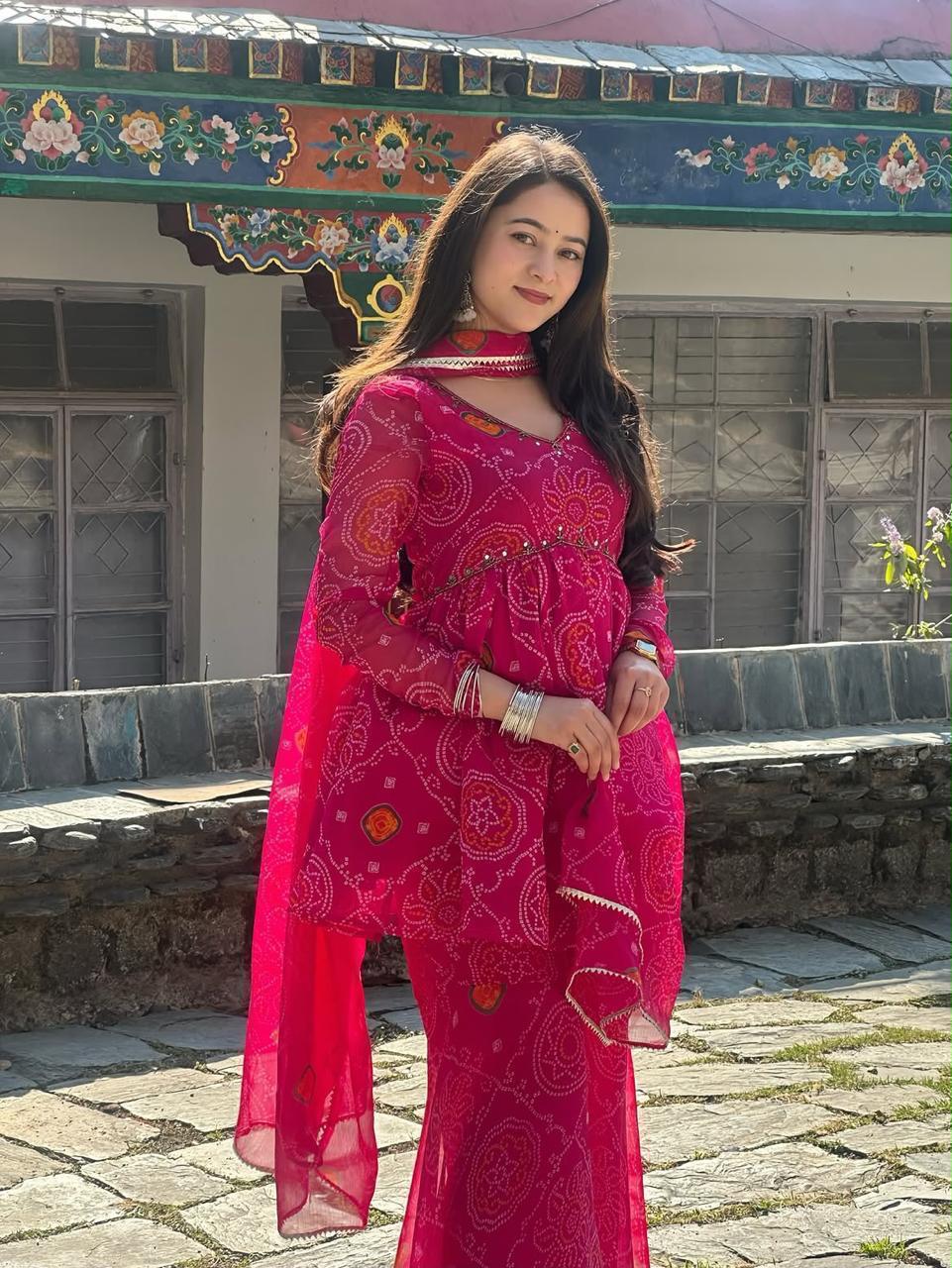 Chiffon Bandhej Print Sharara Set with Mirror Handwork