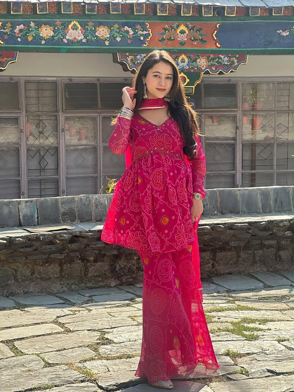 Chiffon Bandhej Print Sharara Set with Mirror Handwork