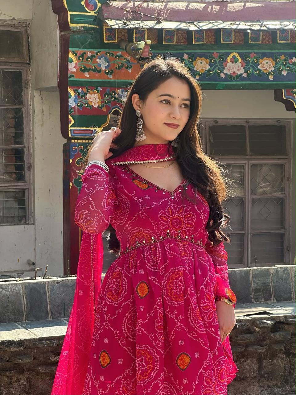 Chiffon Bandhej Print Sharara Set with Mirror Handwork