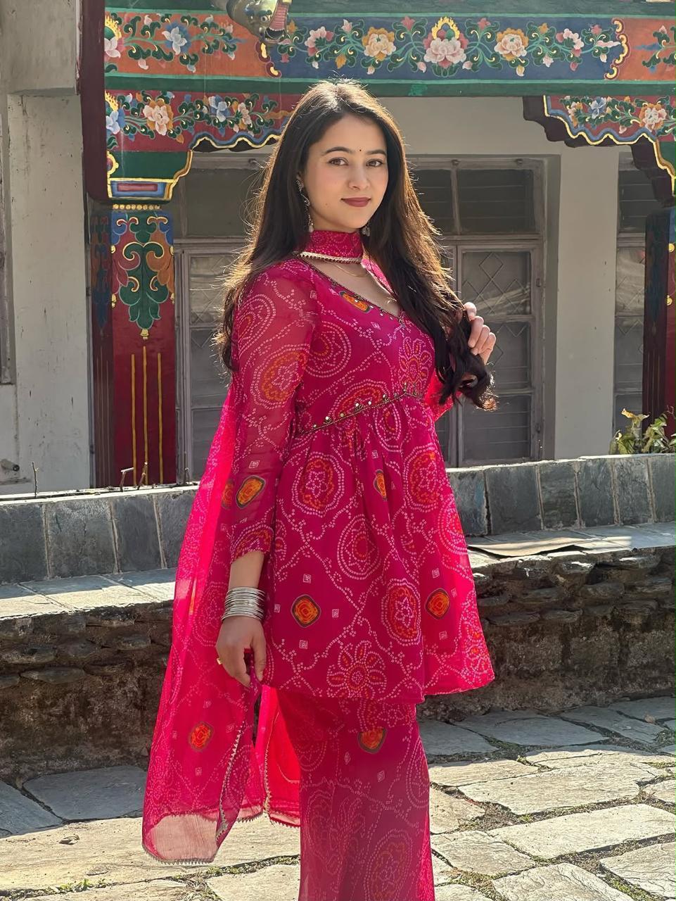 Chiffon Bandhej Print Sharara Set with Mirror Handwork