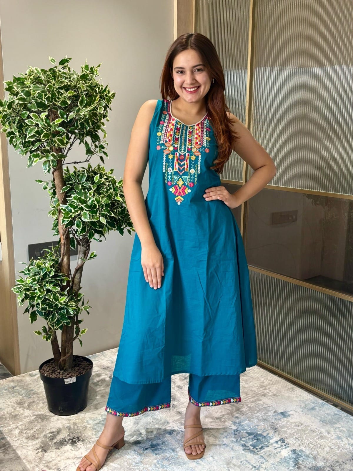 Teal Blue Embroidered Sleeveless Kurta & Co-ord Set