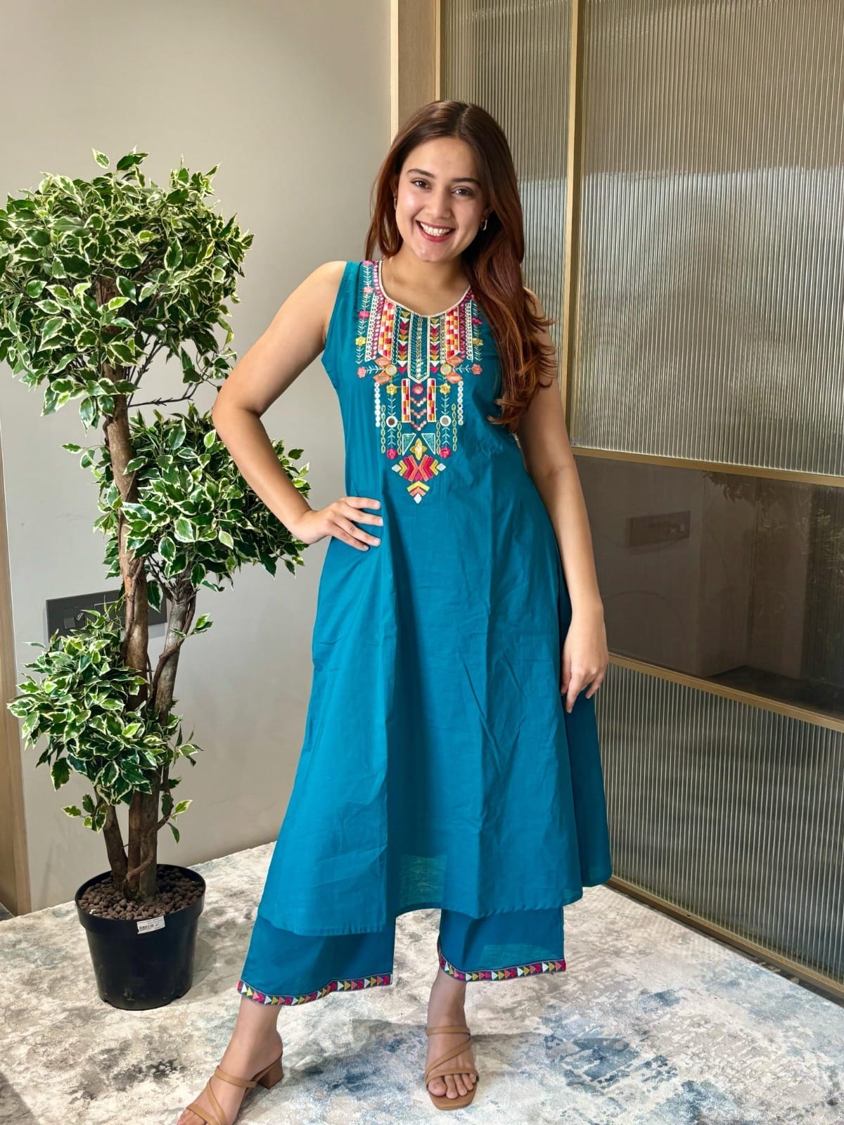 Teal Blue Embroidered Sleeveless Kurta & Co-ord Set
