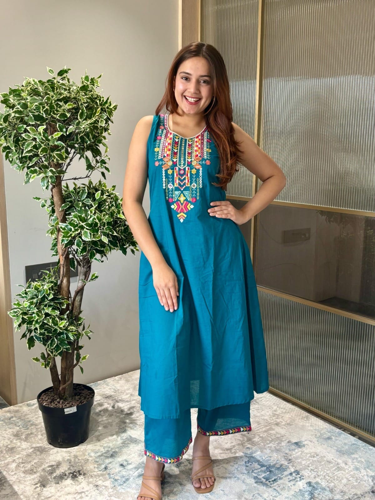 Teal Blue Embroidered Sleeveless Kurta & Co-ord Set