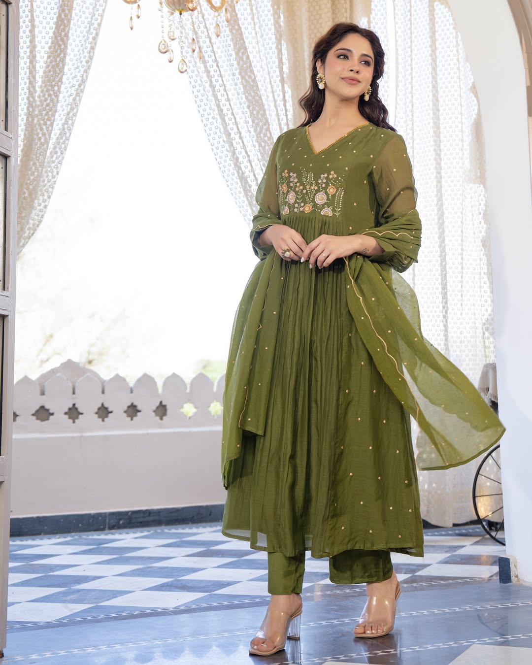 Classy Pure Cotton Green Embroidered Anarkali Set